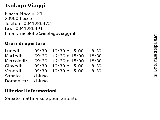 ISOLAGO VIAGGI s.n.c. a LECCO: indirizzo e orari di apertura