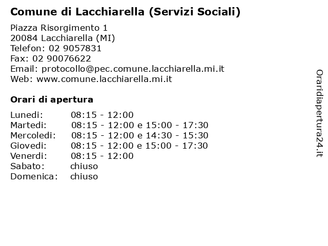 Comune di Lacchiarella (Servizi Sociali) a Lacchiarella (MI): indirizzo e orari di apertura