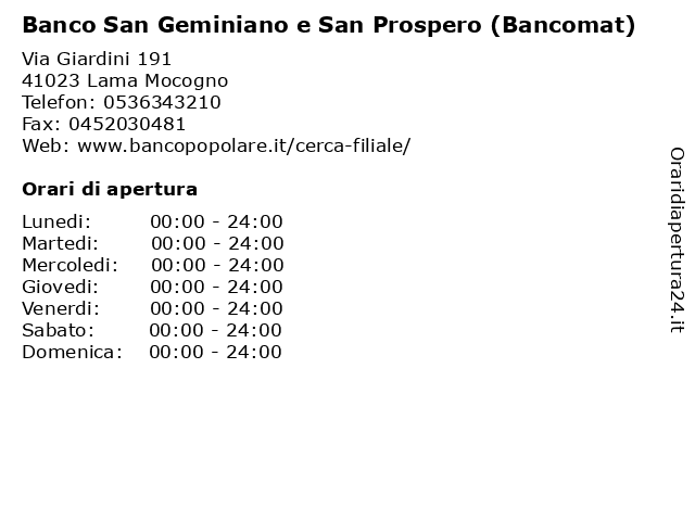 Banco San Geminiano e San Prospero (Bancomat) a Lama Mocogno: indirizzo e orari di apertura
