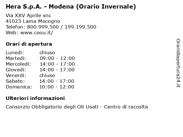 Hera S.p.A. - Modena (Orario Invernale) a Lama Mocogno: indirizzo e orari di apertura
