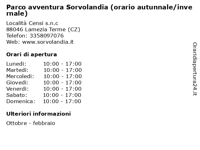 Parco avventura Sorvolandia (orario autunnale/invernale) a Lamezia Terme (CZ): indirizzo e orari di apertura