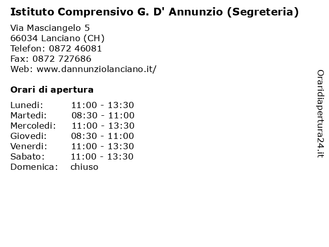 Istituto Comprensivo G. D' Annunzio (Segreteria) a Lanciano (CH): indirizzo e orari di apertura