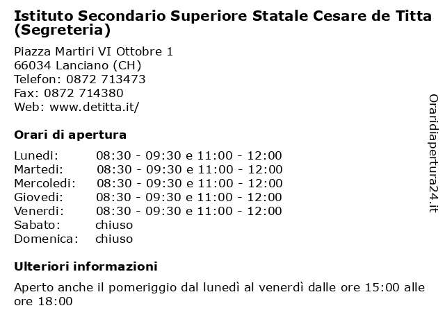 Istituto Secondario Superiore Statale Cesare de Titta (Segreteria) a Lanciano (CH): indirizzo e orari di apertura