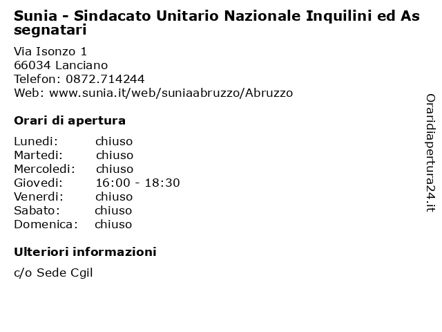 Sunia - Sindacato Unitario Nazionale Inquilini ed Assegnatari a Lanciano: indirizzo e orari di apertura