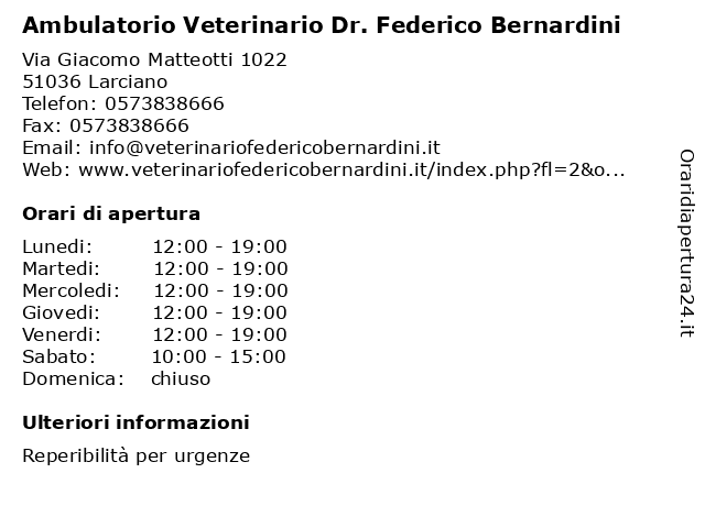 Ambulatorio Veterinario Dr. Federico Bernardini a Larciano: indirizzo e orari di apertura
