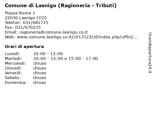 Comune di Lasnigo (Ragioneria - Tributi) a Lasnigo (CO): indirizzo e orari di apertura
