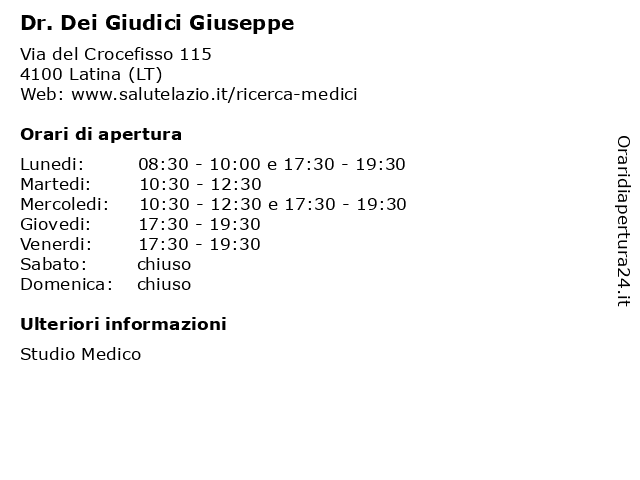 Dr. Dei Giudici Giuseppe a Latina (LT): indirizzo e orari di apertura