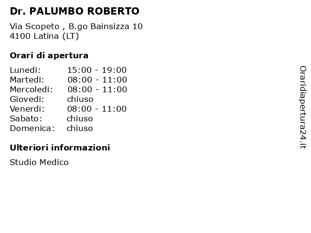 Dr. PALUMBO ROBERTO a Latina (LT): indirizzo e orari di apertura