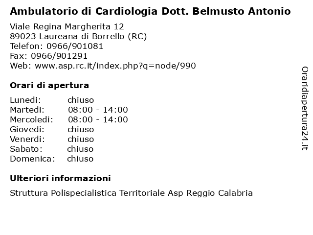 Ambulatorio di Cardiologia Dott. Belmusto Antonio a Laureana di Borrello (RC): indirizzo e orari di apertura