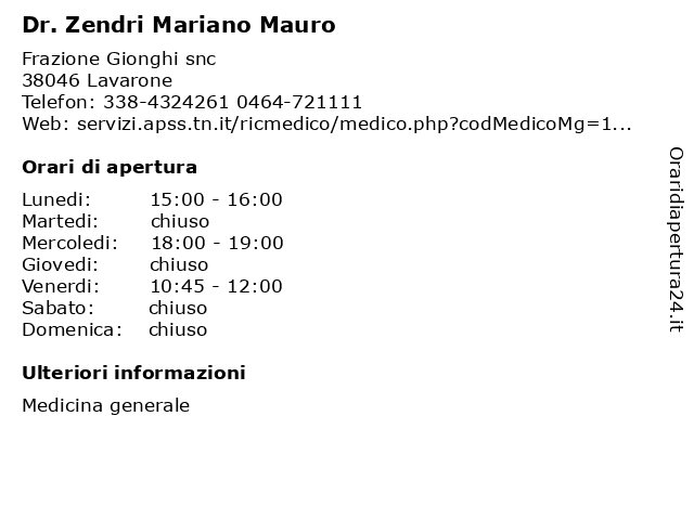Ambulatorio Medico (Dr. Zendri Mariano Mauro) a Lavarone: indirizzo e orari di apertura