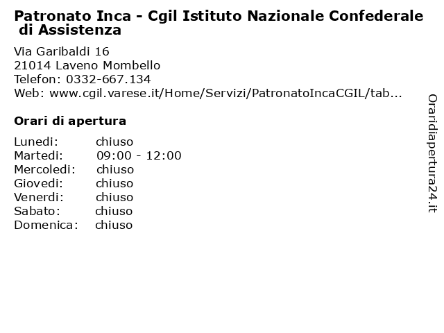 Patronato Inca - Cgil Istituto Nazionale Confederale di Assistenza a Laveno Mombello: indirizzo e orari di apertura