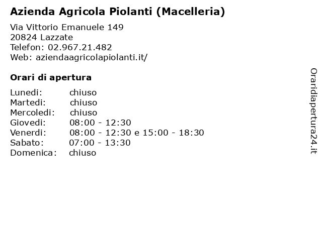 ᐅ Orari Azienda Agricola Piolanti Macelleria Via Vittorio Emanuele 149 4 Lazzate