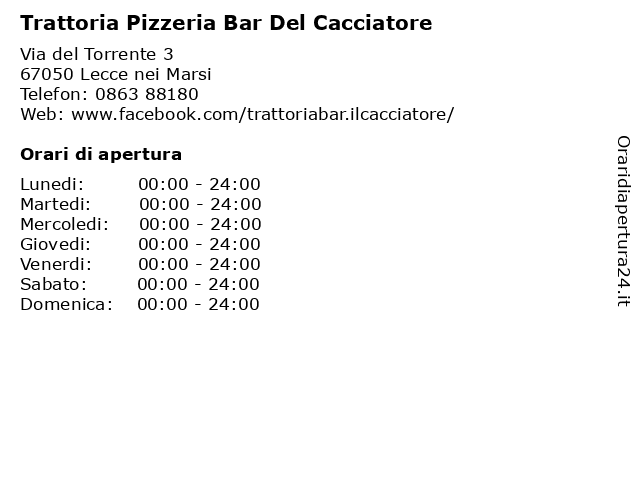 Trattoria Pizzeria Bar Del Cacciatore a Lecce nei Marsi: indirizzo e orari di apertura