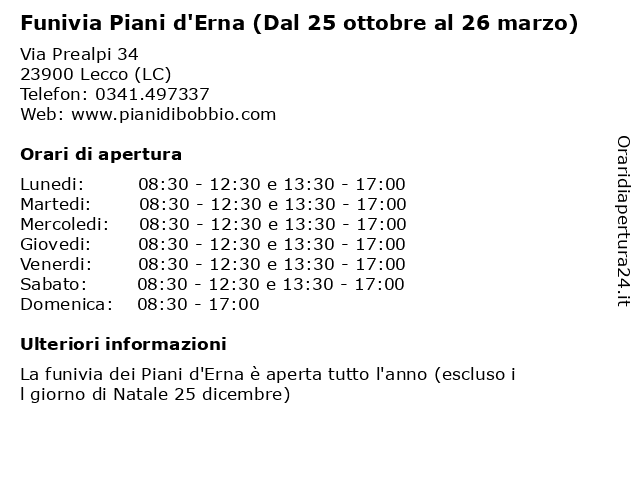 Funivia Piani d'Erna (Dal 25 ottobre al 26 marzo) a Lecco (LC): indirizzo e orari di apertura