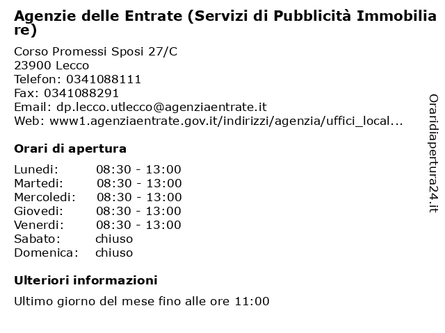 Agenzie delle Entrate (Servizi di Pubblicità Immobiliare) a Lecco: indirizzo e orari di apertura