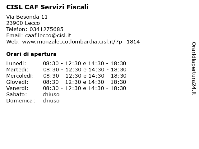 CISL CAF Servizi Fiscali a Lecco: indirizzo e orari di apertura
