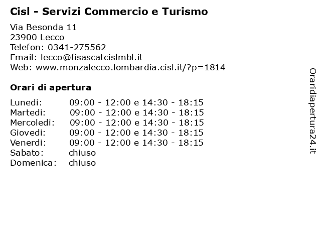 Cisl - Servizi Commercio e Turismo a Lecco: indirizzo e orari di apertura