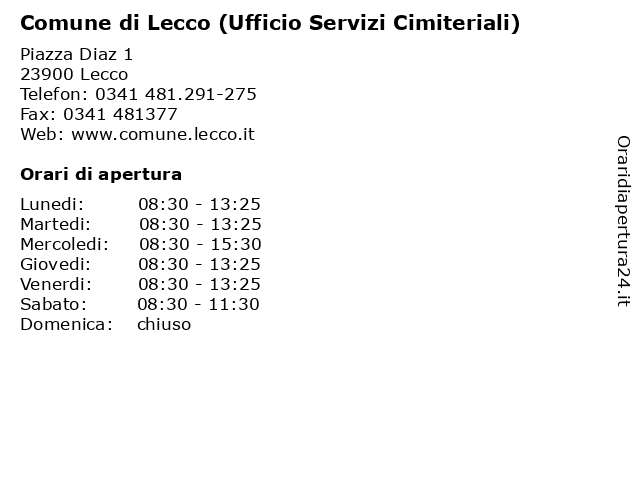 Comune di Lecco (Ufficio Servizi Cimiteriali) a Lecco: indirizzo e orari di apertura