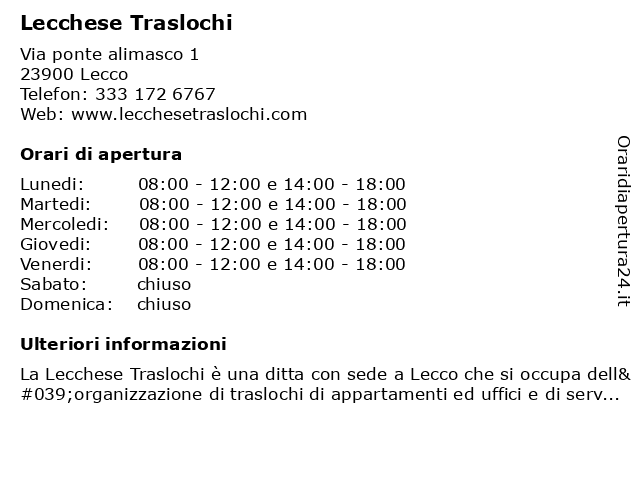 Lecchese Traslochi a Lecco: indirizzo e orari di apertura