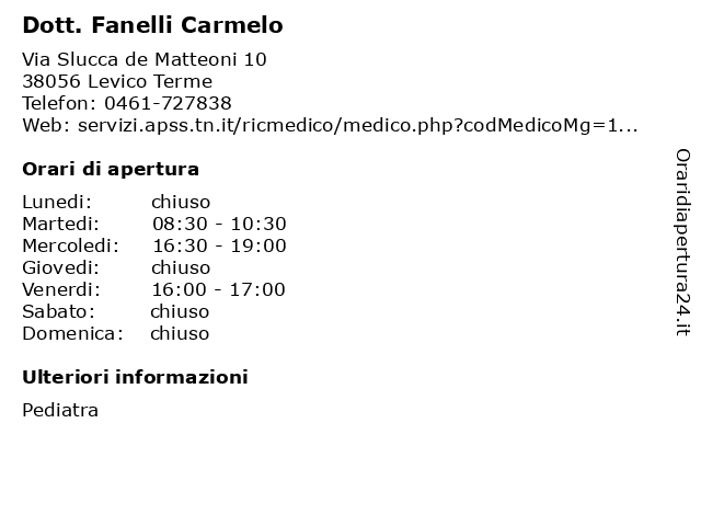 Dott. Fanelli Carmelo a Levico Terme: indirizzo e orari di apertura