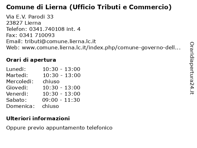 Comune di Lierna (Ufficio Tributi e Commercio) a Lierna: indirizzo e orari di apertura