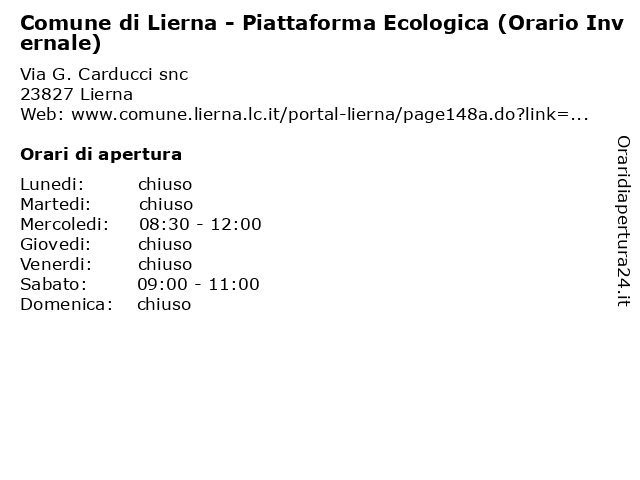 Comune di Lierna - Piattaforma Ecologica (Orario Invernale) a Lierna: indirizzo e orari di apertura