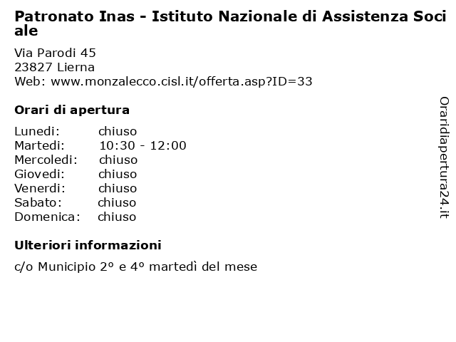 Patronato Inas - Istituto Nazionale di Assistenza Sociale a Lierna: indirizzo e orari di apertura