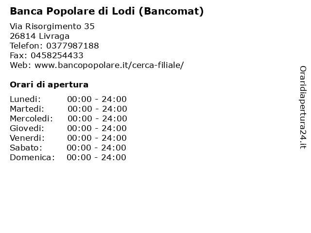 Banca Popolare di Lodi (Bancomat) a Livraga: indirizzo e orari di apertura