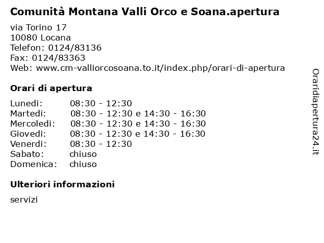 Comunità Montana Valli Orco e Soana.apertura a Locana: indirizzo e orari di apertura
