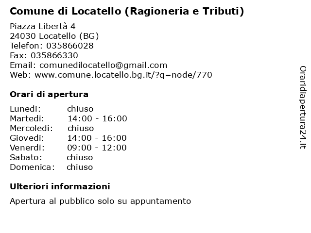 Comune di Locatello (Ragioneria e Tributi) a Locatello (BG): indirizzo e orari di apertura