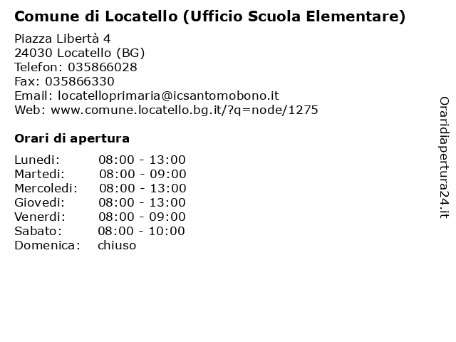 Comune di Locatello (Ufficio Scuola Elementare) a Locatello (BG): indirizzo e orari di apertura