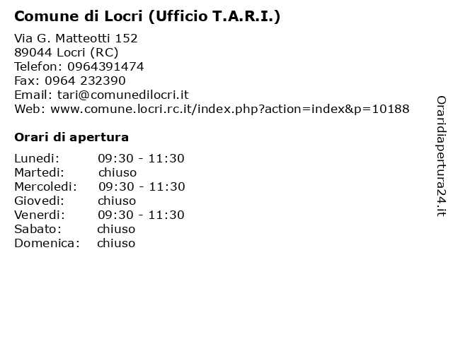 Comune di Locri (Ufficio T.A.R.I.) a Locri (RC): indirizzo e orari di apertura