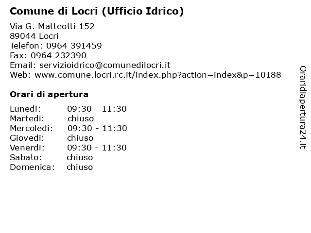 Comune di Locri (Ufficio Idrico) a Locri: indirizzo e orari di apertura