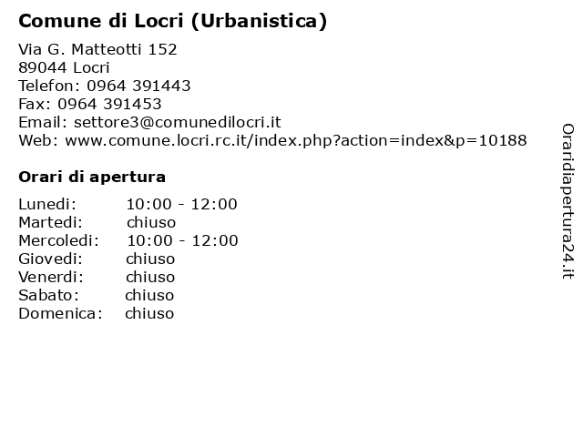 Comune di Locri (Urbanistica) a Locri: indirizzo e orari di apertura