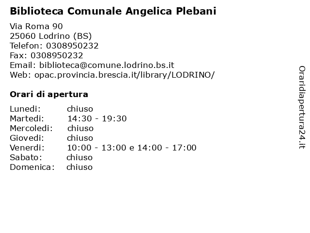 Biblioteca Comunale Angelica Plebani a Lodrino (BS): indirizzo e orari di apertura
