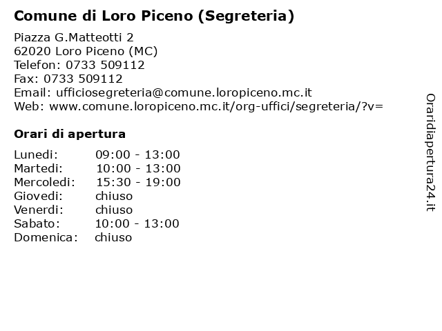 Comune di Loro Piceno (Segreteria) a Loro Piceno (MC): indirizzo e orari di apertura