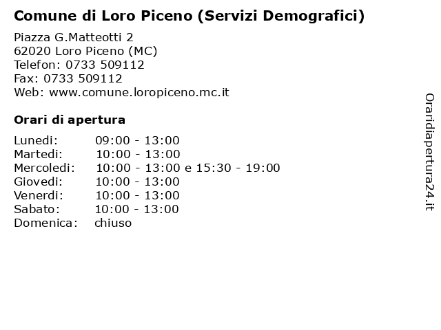 Comune di Loro Piceno (Servizi Demografici) a Loro Piceno (MC): indirizzo e orari di apertura