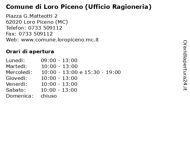 Comune di Loro Piceno (Ufficio Ragioneria) a Loro Piceno (MC): indirizzo e orari di apertura