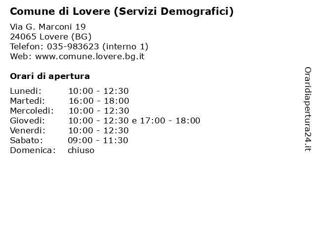 Comune di Lovere (Servizi Demografici) a Lovere (BG): indirizzo e orari di apertura