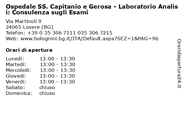 Ospedale SS. Capitanio e Gerosa - Laboratorio Analisi: Consulenza sugli Esami a Lovere (BG): indirizzo e orari di apertura
