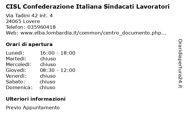 CISL Confederazione Italiana Sindacati Lavoratori a Lovere: indirizzo e orari di apertura