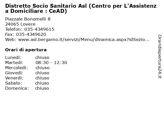 Distretto Socio Sanitario Asl (Centro per L'Assistenza Domiciliare : CeAD) a Lovere: indirizzo e orari di apertura