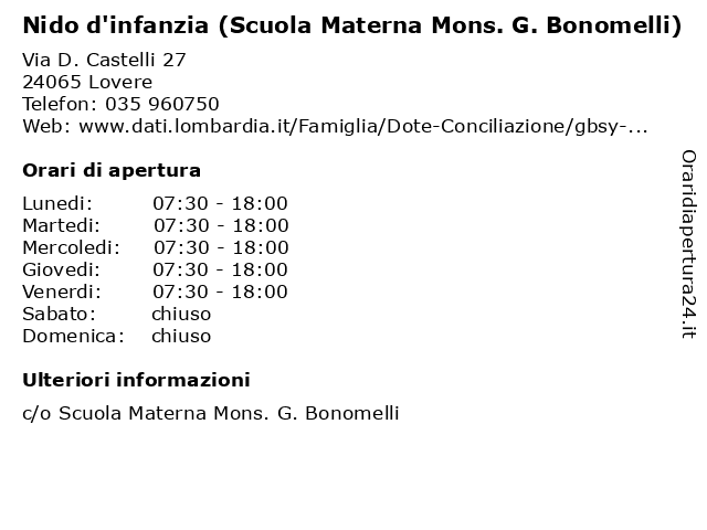 Nido d'infanzia (Scuola Materna Mons. G. Bonomelli) a Lovere: indirizzo e orari di apertura