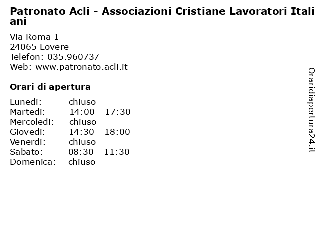 Patronato Acli - Associazioni Cristiane Lavoratori Italiani a Lovere: indirizzo e orari di apertura