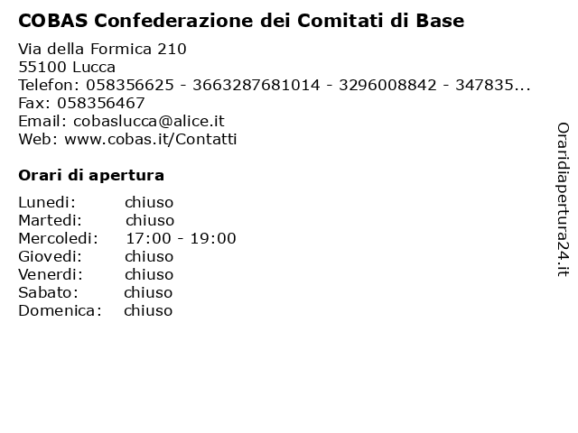 COBAS Confederazione dei Comitati di Base a Lucca: indirizzo e orari di apertura