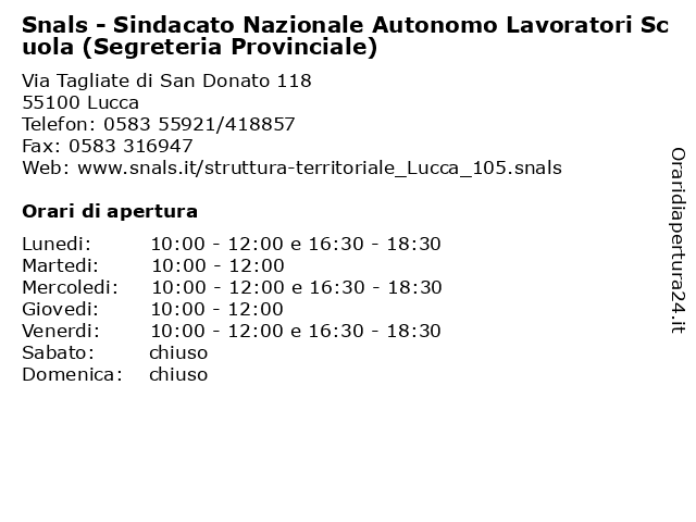 Snals - Sindacato Nazionale Autonomo Lavoratori Scuola (Segreteria Provinciale) a Lucca: indirizzo e orari di apertura