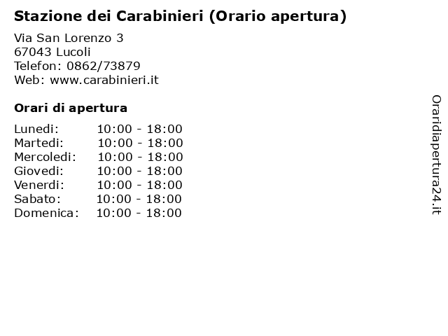 Stazione dei Carabinieri (Orario apertura) a Lucoli: indirizzo e orari di apertura