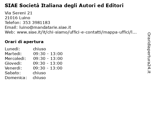 SIAE Società Italiana degli Autori ed Editori a Luino: indirizzo e orari di apertura