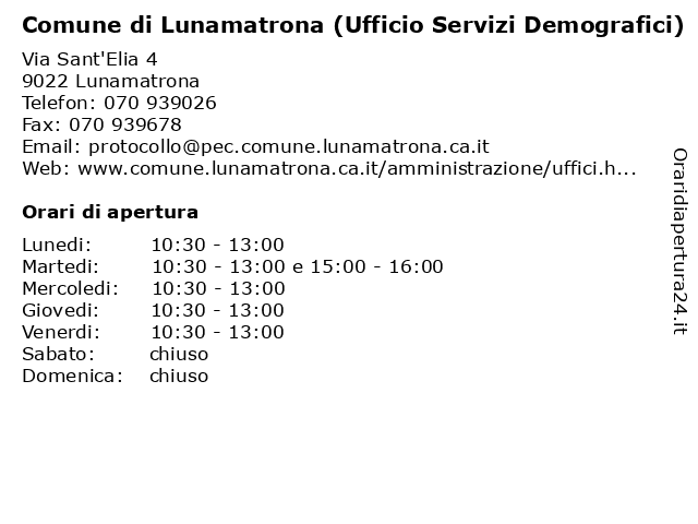 Comune di Lunamatrona (Ufficio Servizi Demografici) a Lunamatrona: indirizzo e orari di apertura