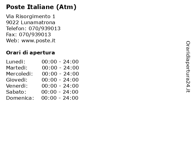 Poste Italiane (Atm) a Lunamatrona: indirizzo e orari di apertura